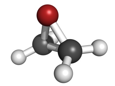 Ethylene oxide (oxirane), molecular model. Ethylene is the simplest epoxide and is used as a disinfectant and polymer precursor. Atoms are represented as spheres with conventional color coding: hydrogen (white), carbon (grey), oxygen (red)